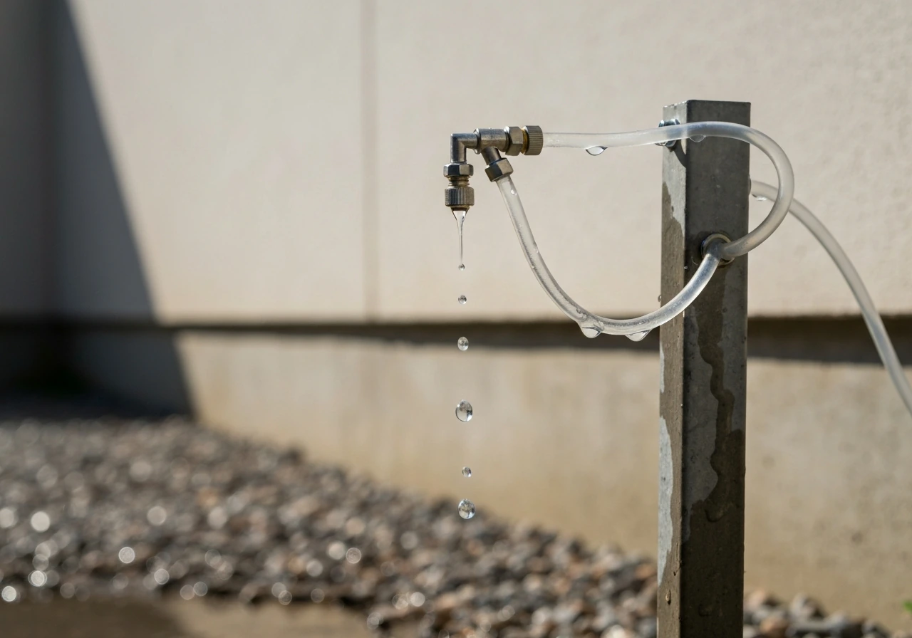 Close-up of a low-mounted outdoor misting nozzle with tubing dripping water instead of spraying mist