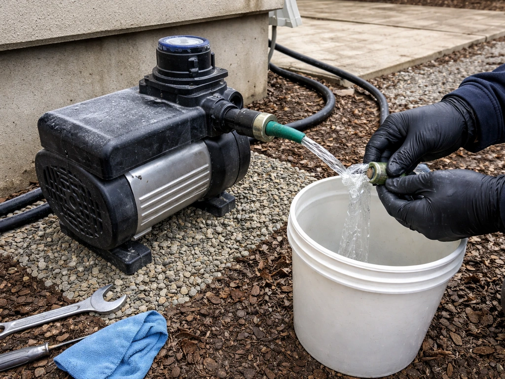 Gloved hands draining and wrapping an outdoor misting pump and tubing for winter freeze protection