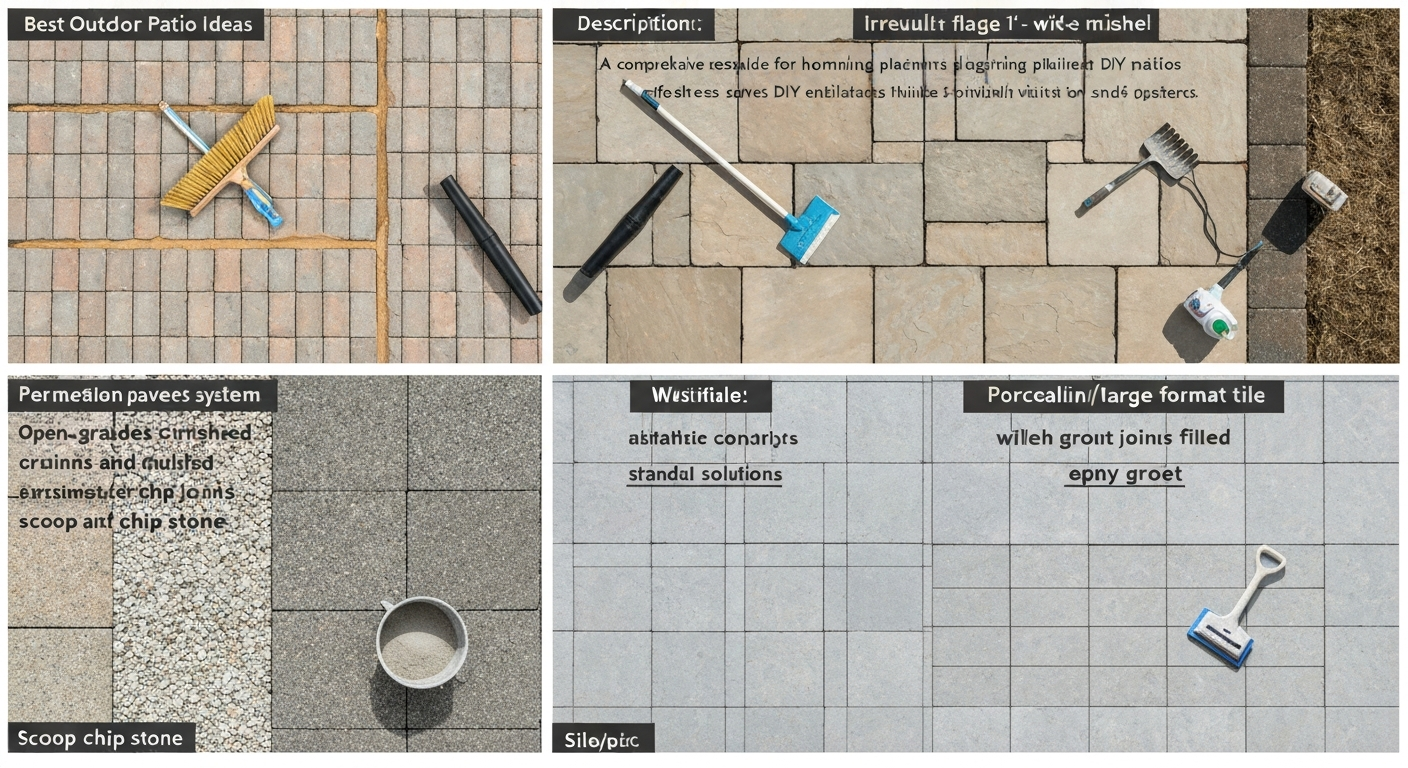 Overhead composite of four patio types showing polymeric sand in pavers, mortar in flagstone, epoxy grout in tile, and open-graded gravel in permeable pavers.
