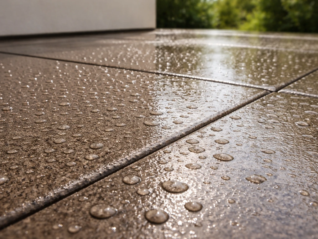 Wet-look sealed concrete patio with deepened color and water beads beading on the surface.