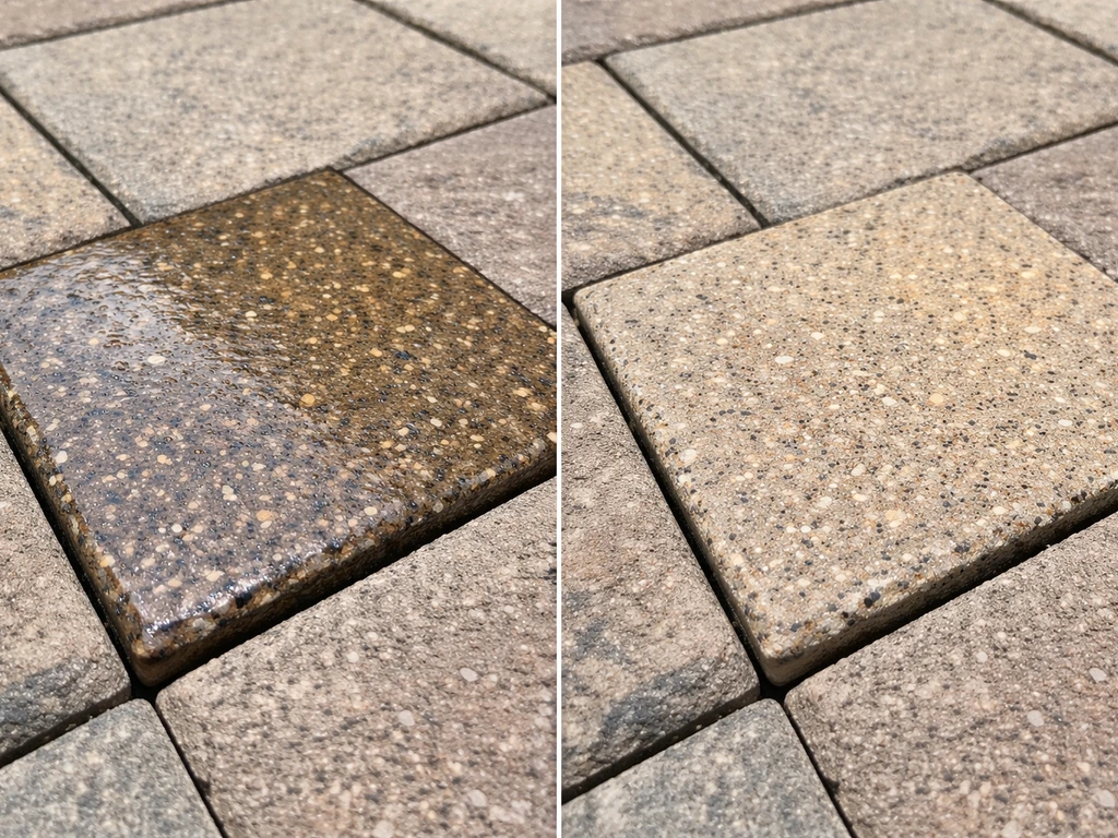 Side-by-side patio slab samples showing deep wet-look sheen on one and lower-gloss sealer look on the other.