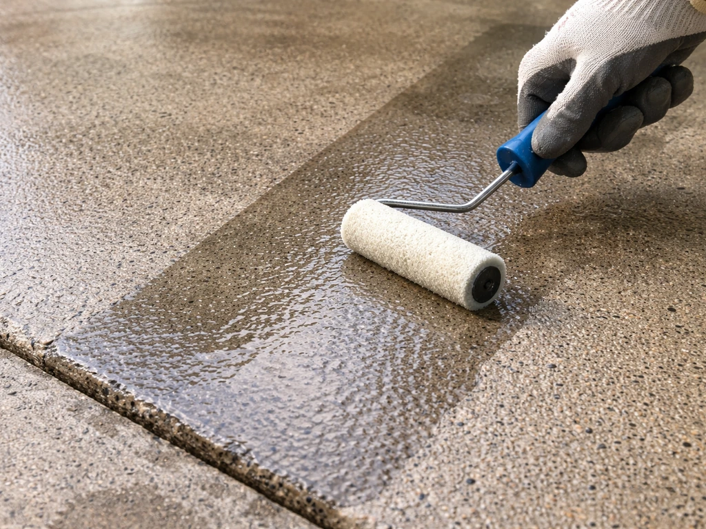 Close-up of wet-look sealer being applied to a concrete patio, showing glossy sheen and uneven coverage.
