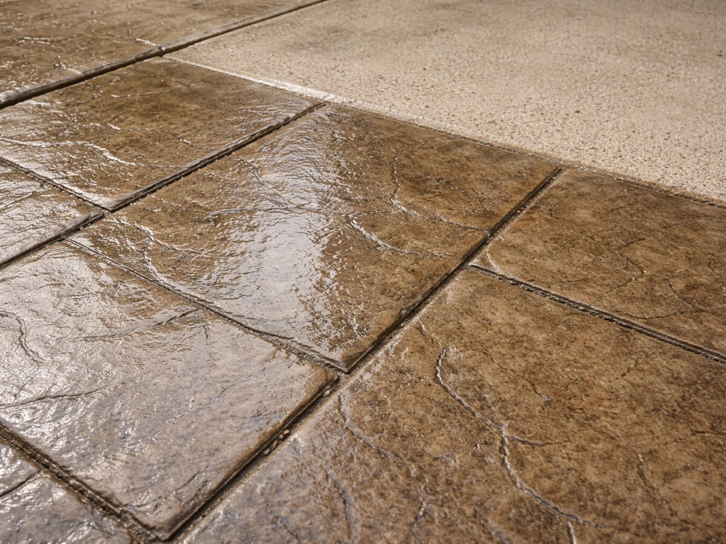 Close-up of a sealed stamped concrete panel showing an even protective sheen over the pattern.