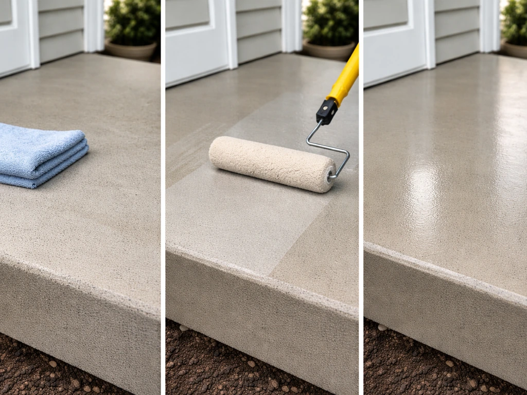Three-step photos: dry prepped surface, even roller application, then smooth glossy cured finish.