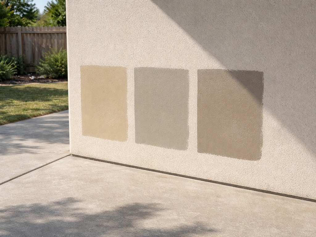 Sunlit outdoor patio with painted concrete and wall samples showing different exterior paint finishes.