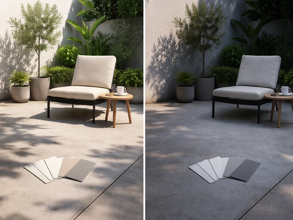 Minimal patio scene showing two light conditions: harsh midday sun and shaded afternoon, with paint sample cards on the