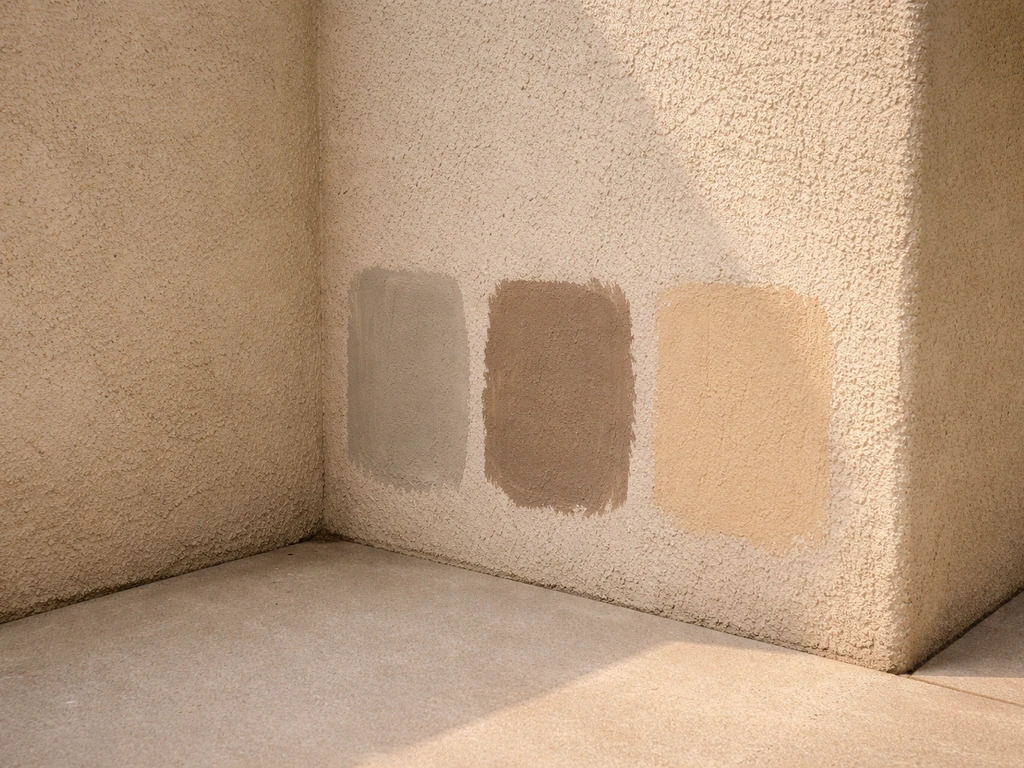Warm greige, taupe, and warm beige swatches painted on textured concrete patio in natural outdoor light.