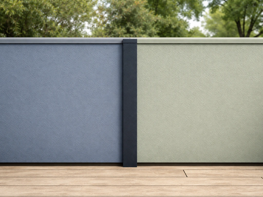 Slate blue and sage green painted railing panel beside natural patio flooring with deep charcoal accents