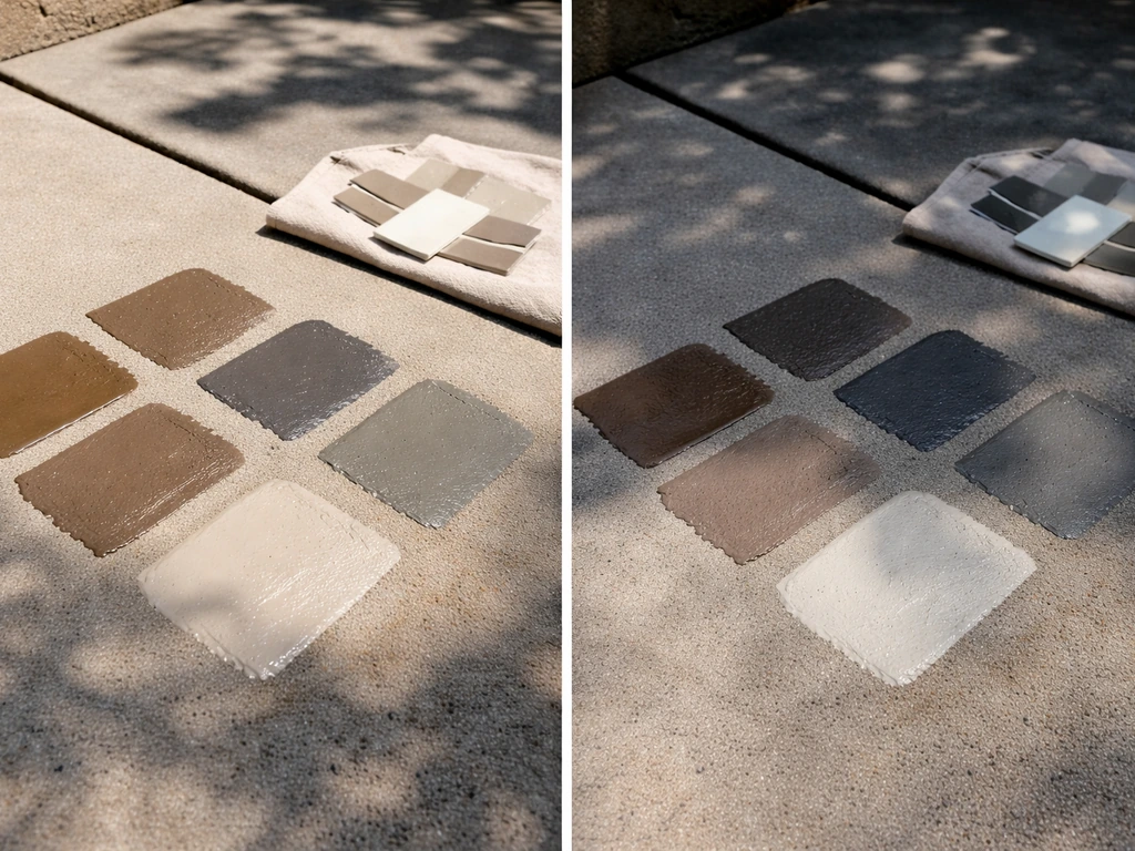 DIY patio color test setup with small paint samples on concrete, shot in bright sun and shade