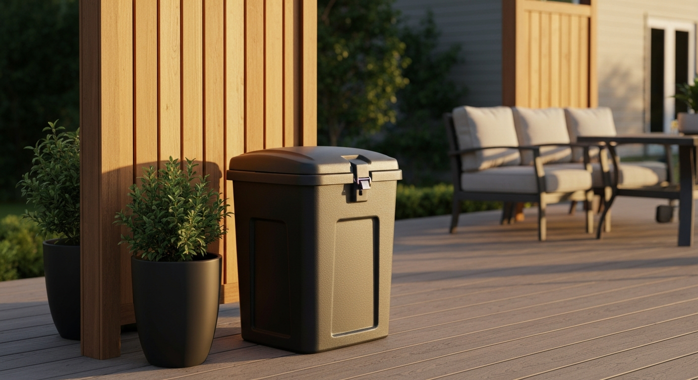 Residential patio with a 30–33 gallon resin outdoor trash can with a latching lid next to plants and a privacy screen.