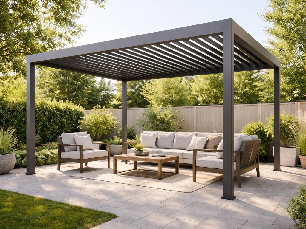 Well-lit backyard patio featuring a louvered aluminum pergola shade structure as the focal point.