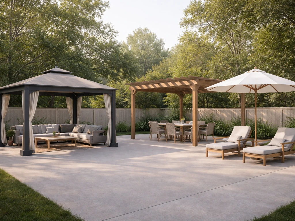 Minimal outdoor living setup showing a gazebo, pergola, and patio umbrella in one cohesive arrangement