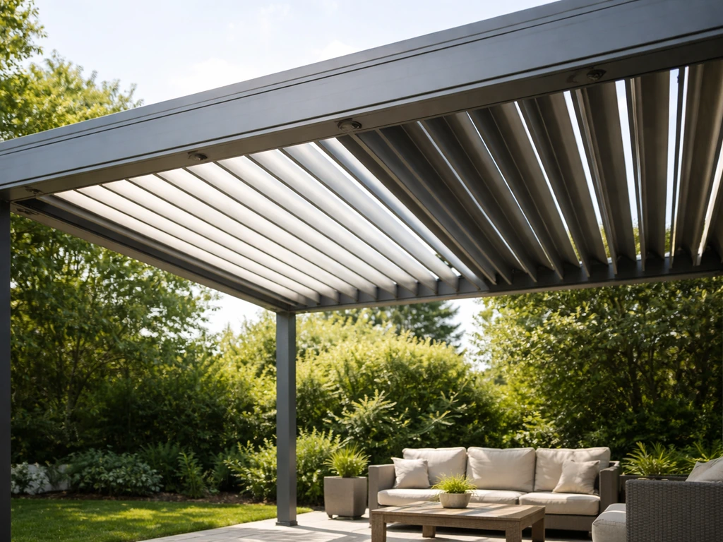 Louvered aluminum pergola with adjustable louvers partly closed, showing shade and airflow outdoors.