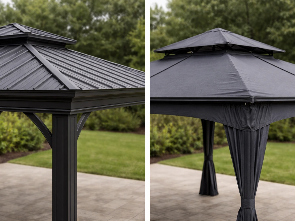 Side-by-side close-up of hardtop and soft-top gazebo canopies showing rigid roof vs fabric double canopy.
