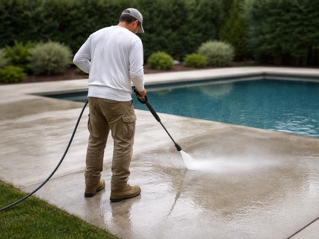 Contractor power-washing a fresh concrete pool deck base before installation.