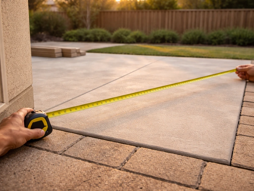 Hands measure patio width with a tape measure across concrete pavers on an empty outdoor patio.