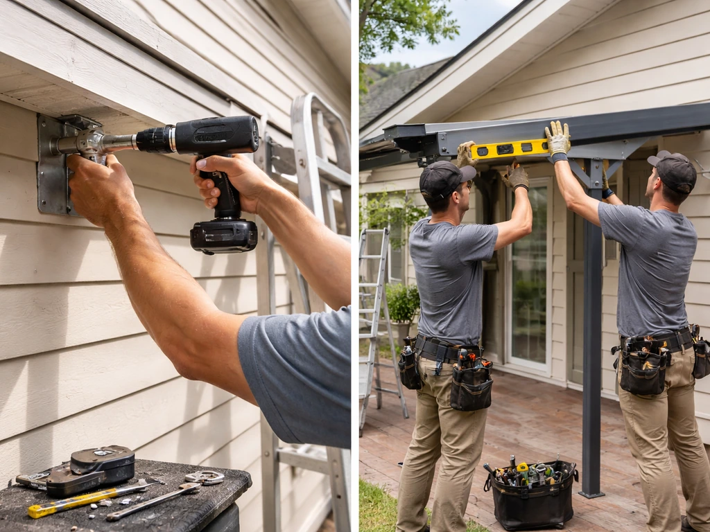Left: homeowner drilling awning brackets; right: contractors leveling and fastening rails for a retractable awning.
