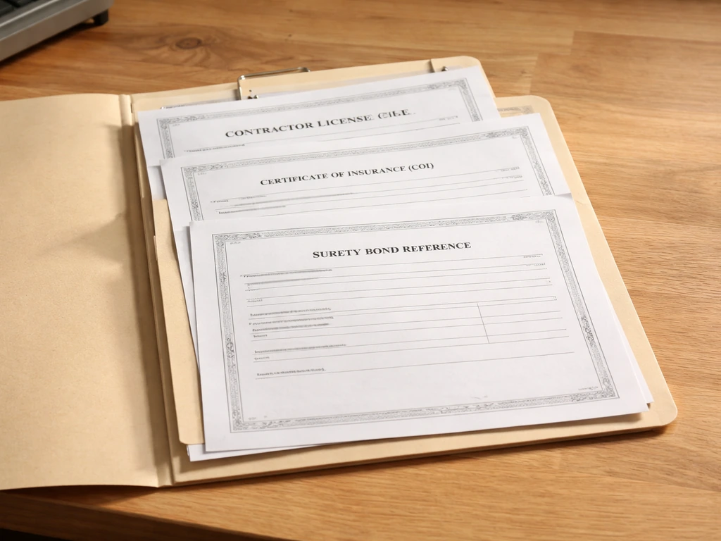 Close-up of a contractor binder with a license certificate, insurance COI-style page, and bond paperwork on a desk.