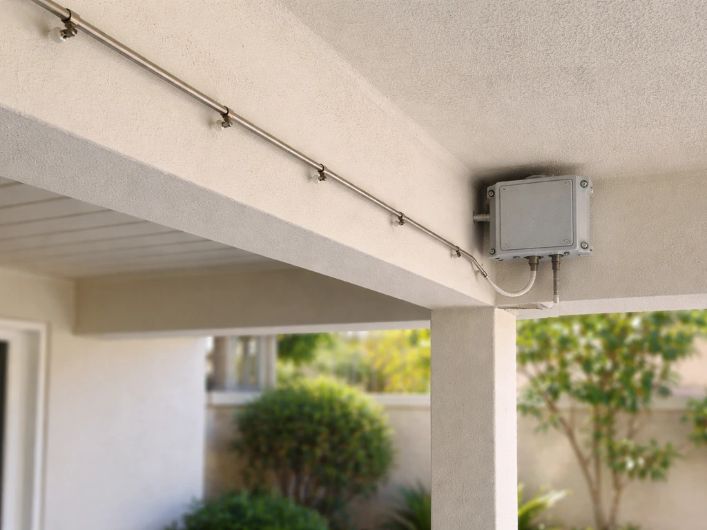 Patio misting system with small mounted control box under a covered outdoor patio