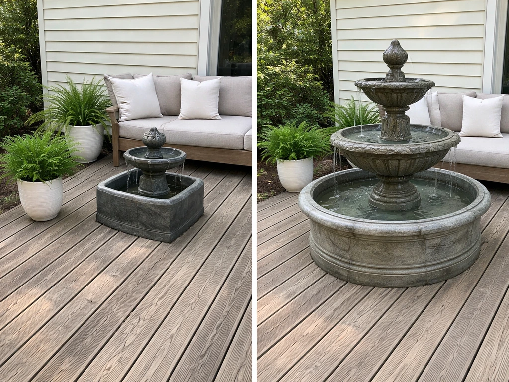 Small deck showing a proportionate fountain vs an oversized fountain that crowds the space.