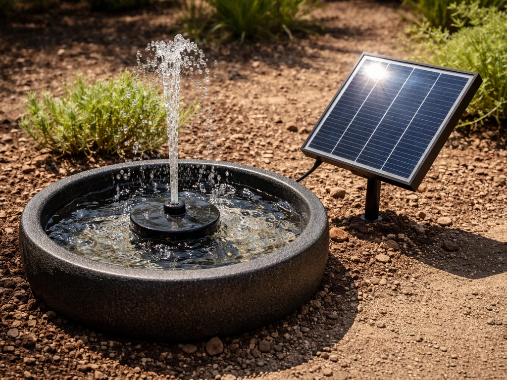 Solar-powered fountain in direct sunlight with solar panel angled toward the sun and water flowing.