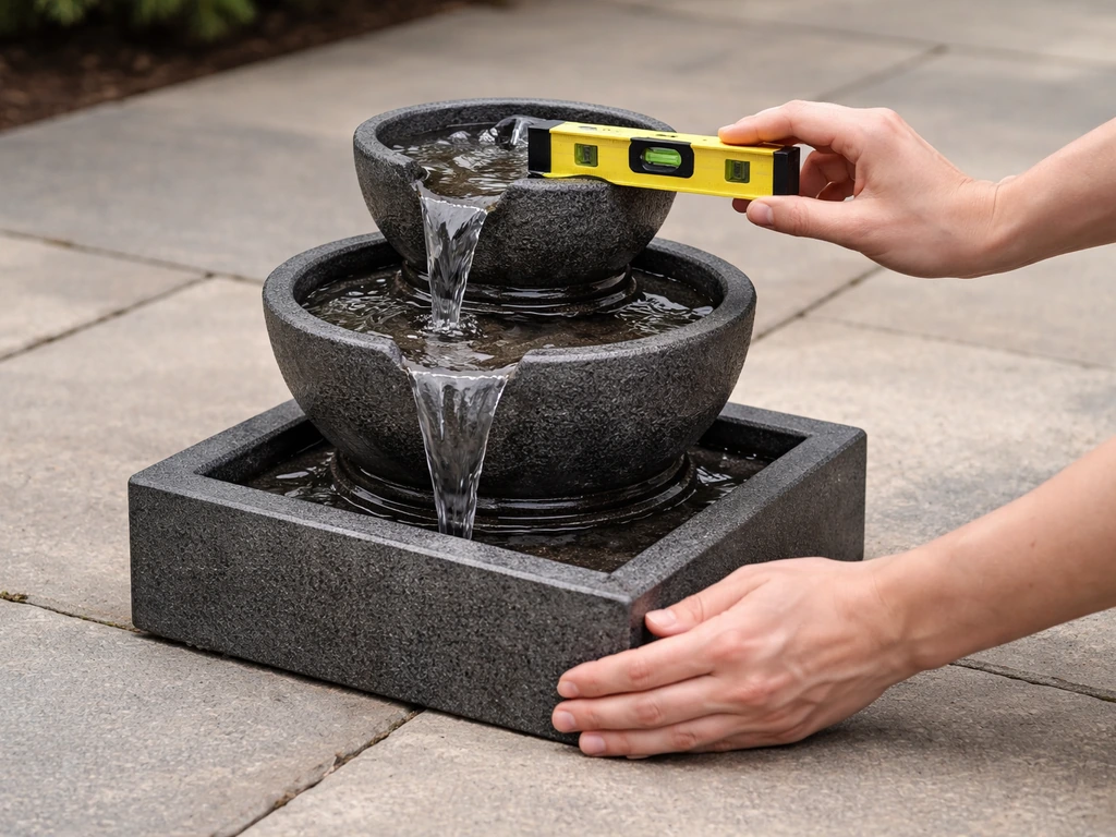 Hands adjusting a patio fountain while a spirit level checks it is perfectly level.