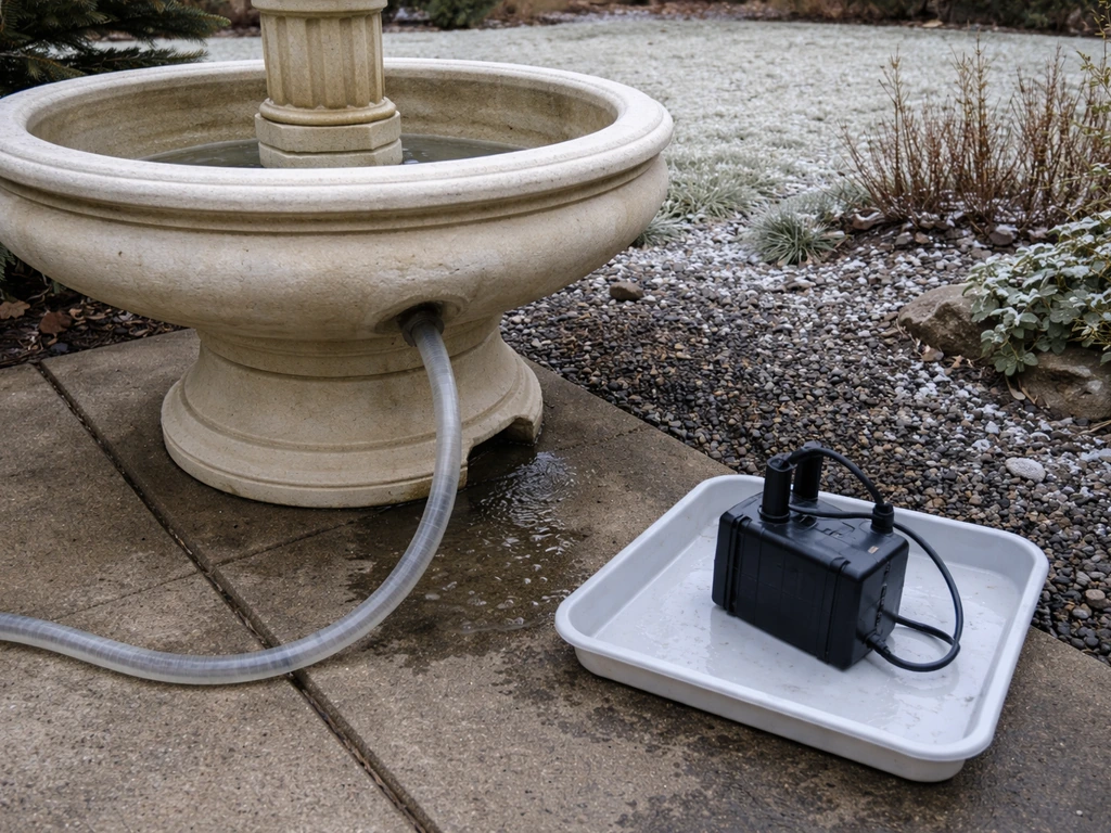Drained outdoor fountain basin with hose draining water and a submersible pump set aside for indoor storage.