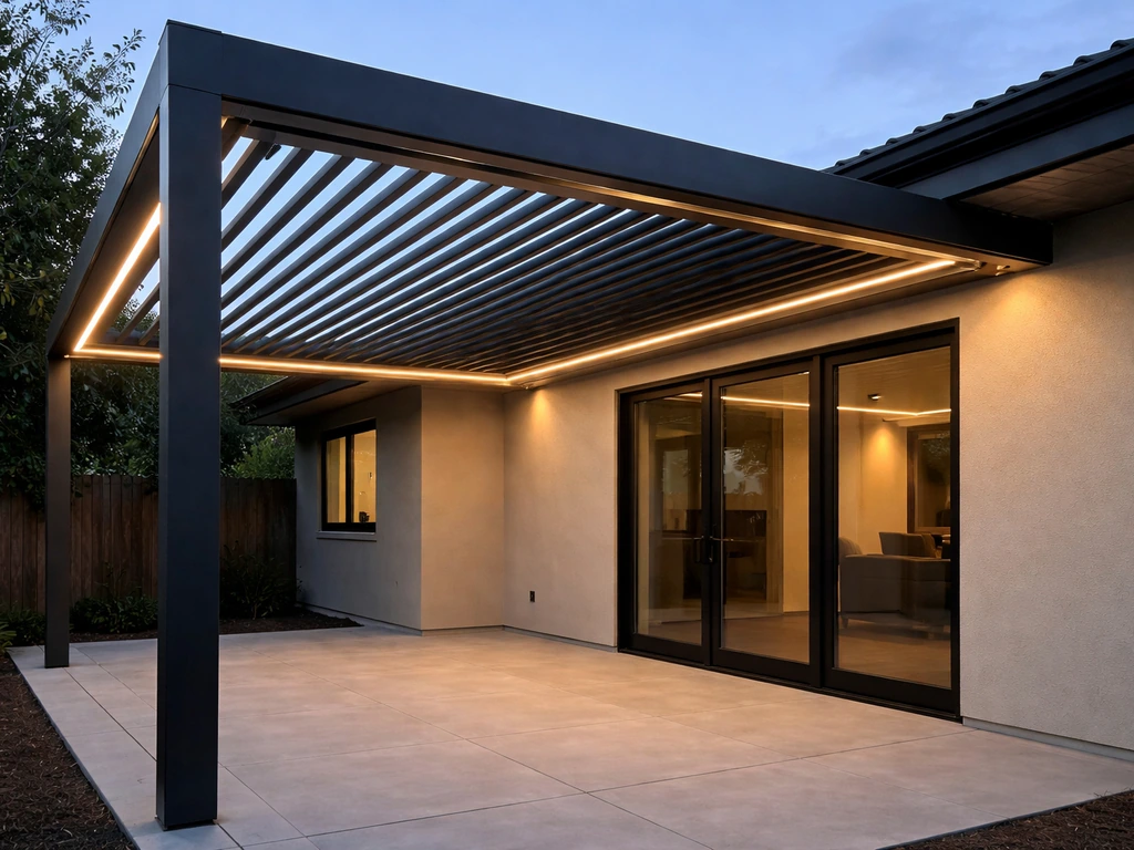 Backyard view of a modern motorized louvered patio cover with partially open louvers and subtle LED-style lighting.