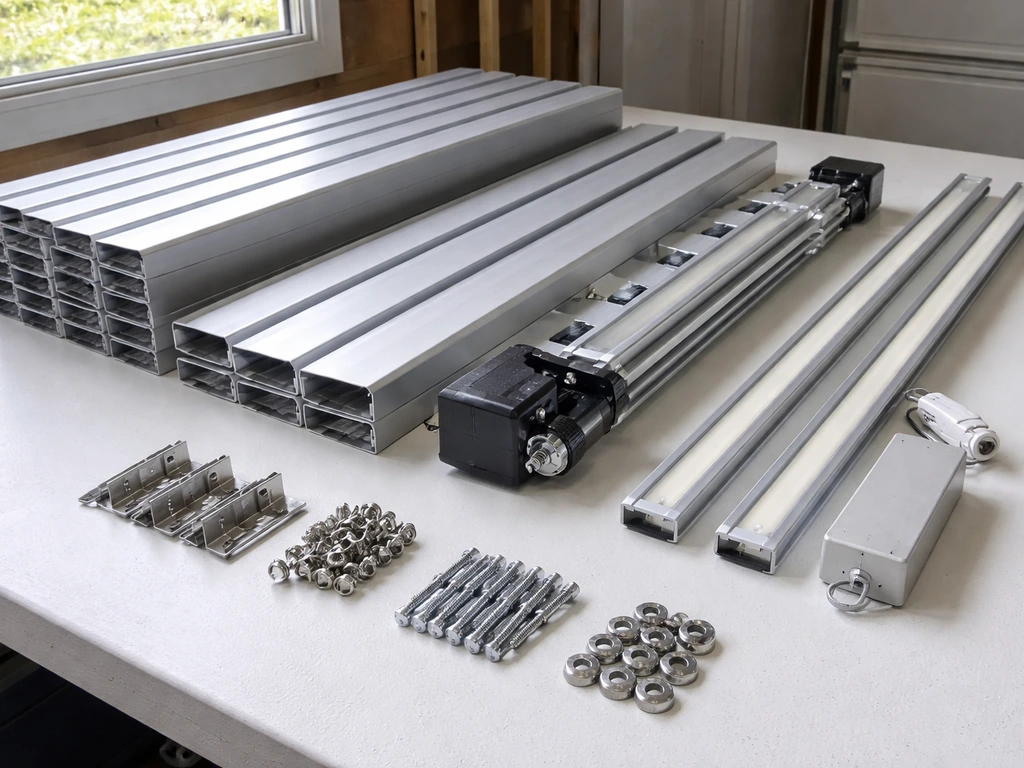 Aluminum patio louvers, motorized section, LED strips with control housing, and mounting hardware on a workbench