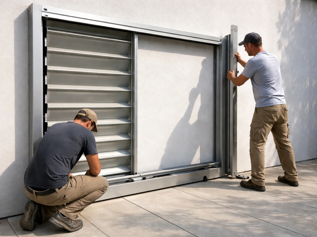 Construction crew assembling a motorized aluminum louver frame and mounting tracks on a patio wall.