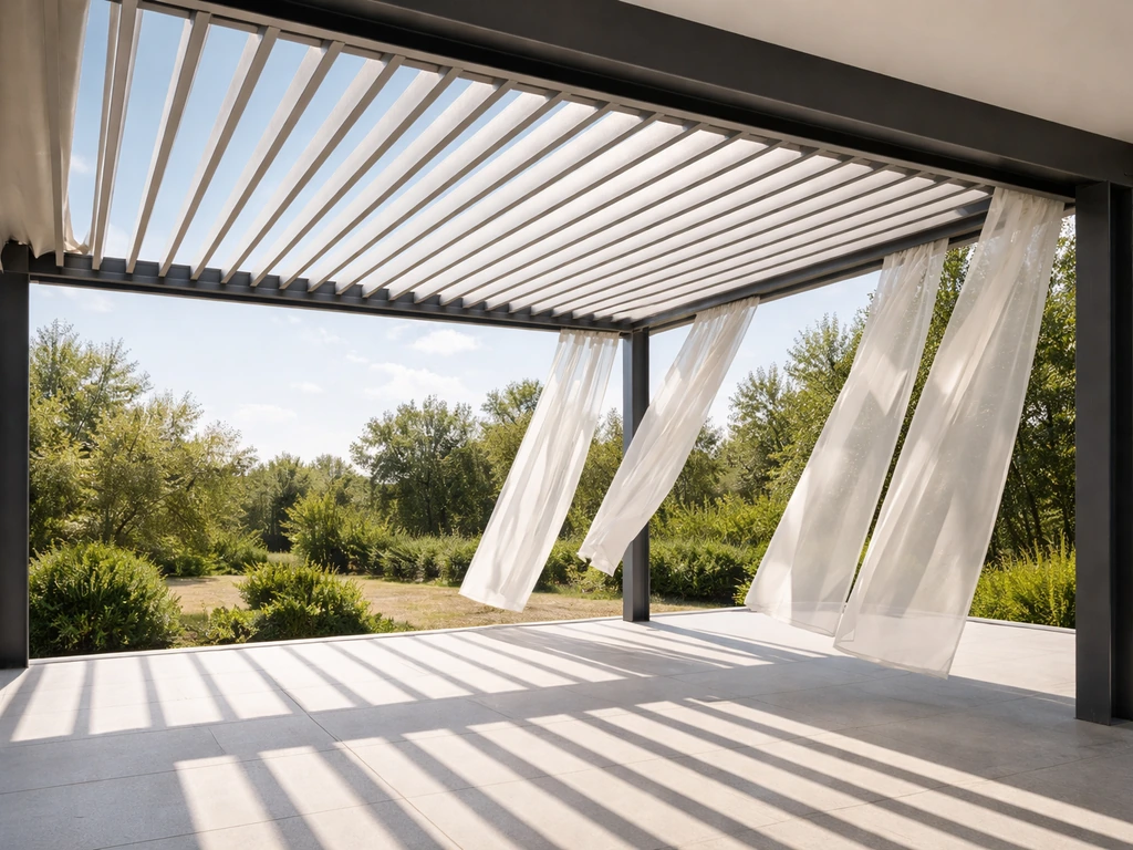 Outdoor patio pergola with motorized louvers wide open then partially shaded, showing sunlight and airflow.
