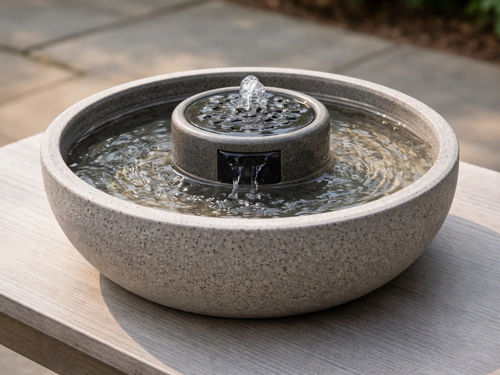 Close tabletop view of a small bowl fountain with the basin and integrated submersible pump visible