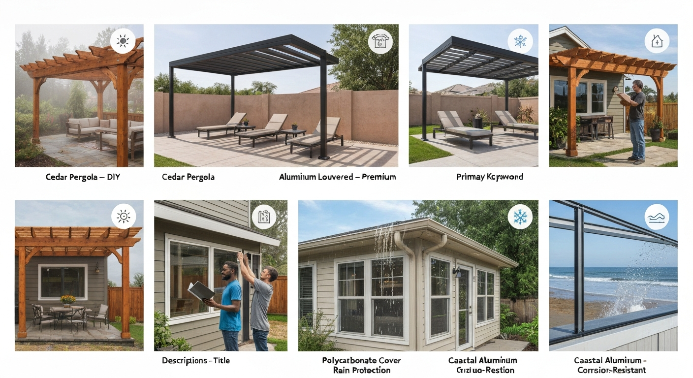 Four-scene hero image showing cedar pergola, aluminum louvered pergola, polycarbonate patio cover, and coastal aluminum cover across different climates, with small labels and climate icons.