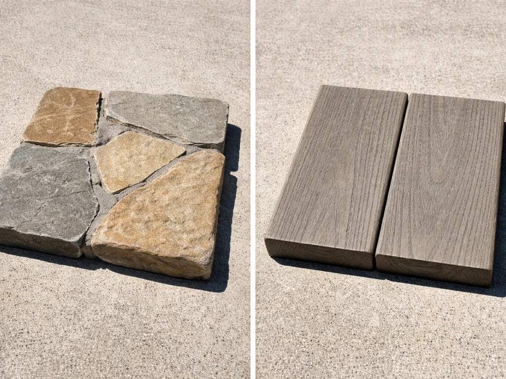 Harsh-sun closeup of two outdoor patio surface samples: pavers/flagstone beside composite or treated wood.