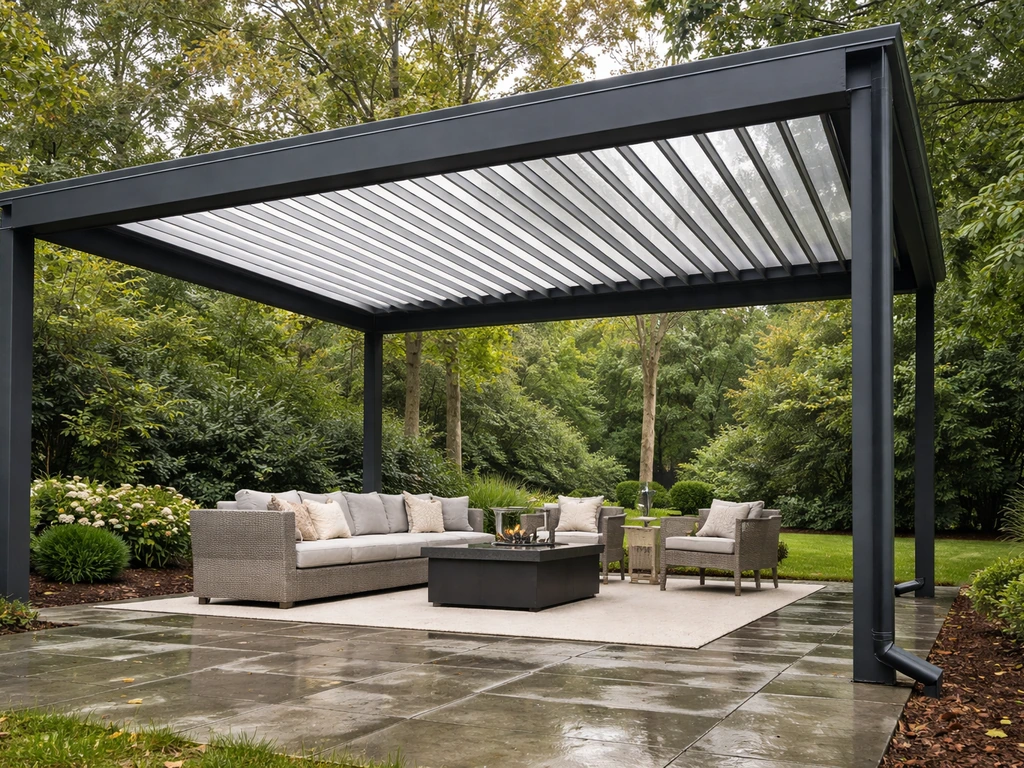 Modern backyard patio with a motorized louvered pergola providing shade and visible roof drainage.