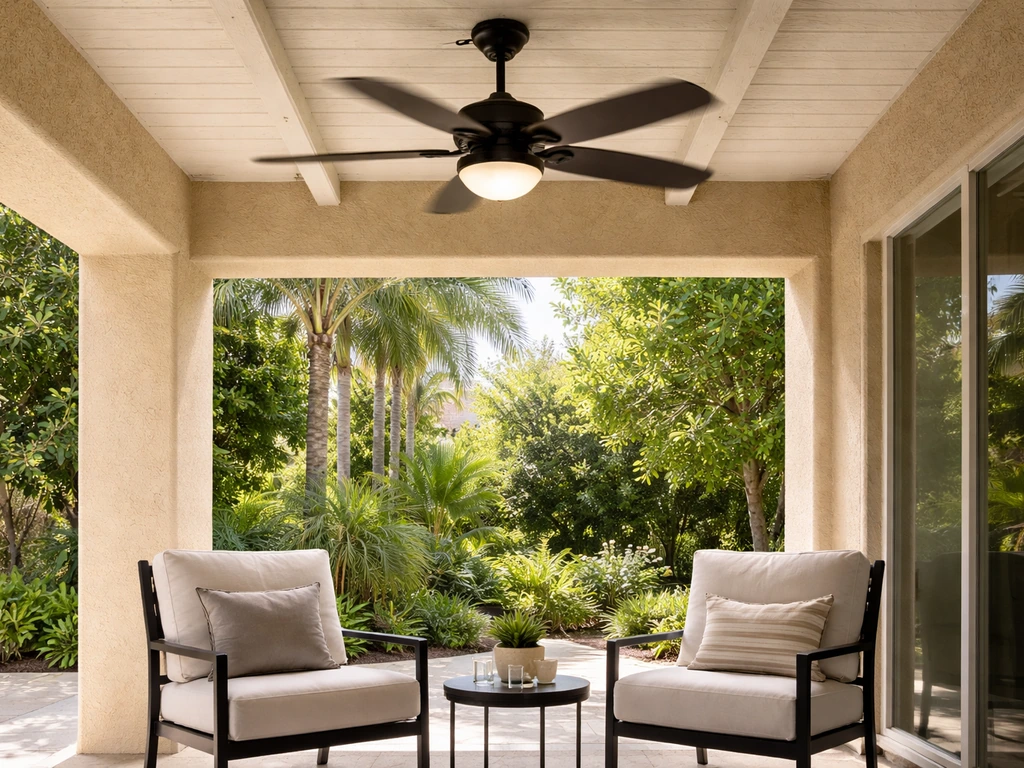 Wet-rated outdoor ceiling fan installed under a covered patio over a seating area.