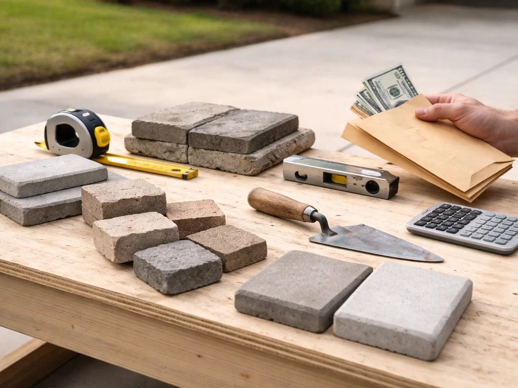 Concrete and paver samples with contractor tools and a calculator on a simple workbench.