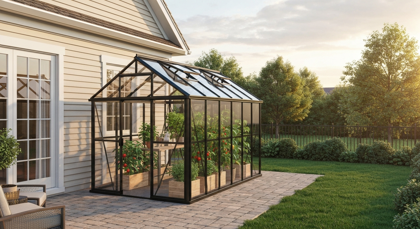 Modern black powder-coated aluminum 6x8 patio greenhouse with twin-wall polycarbonate panels, attached to a house wall on a paver patio; plants visible inside.