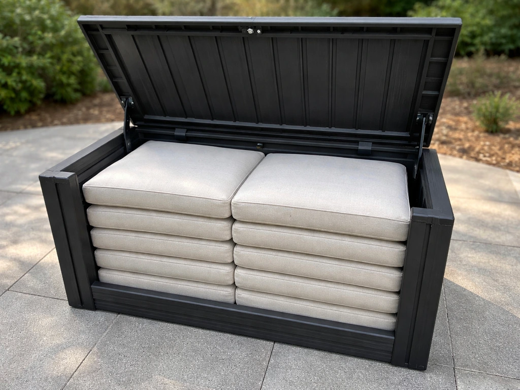 Open patio deck box with neatly fitted cushion storage and clearance space for easy lid closure.