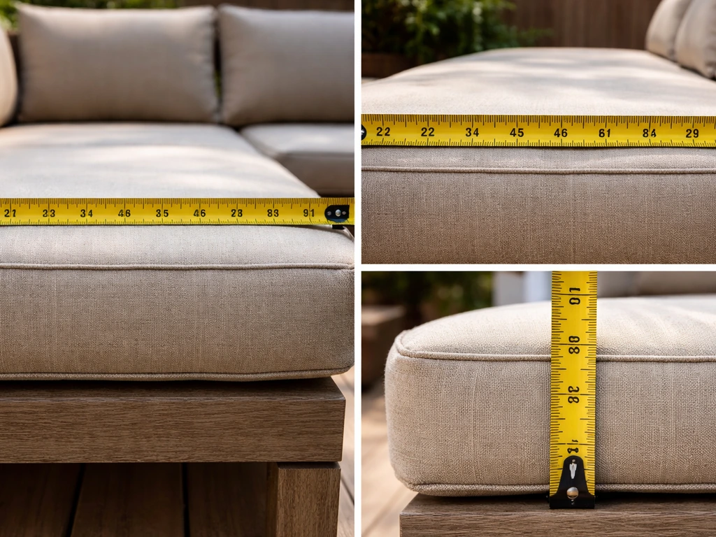 Close-up of a rigid tape measure measuring patio cushion width, length, and thickness on a deck.