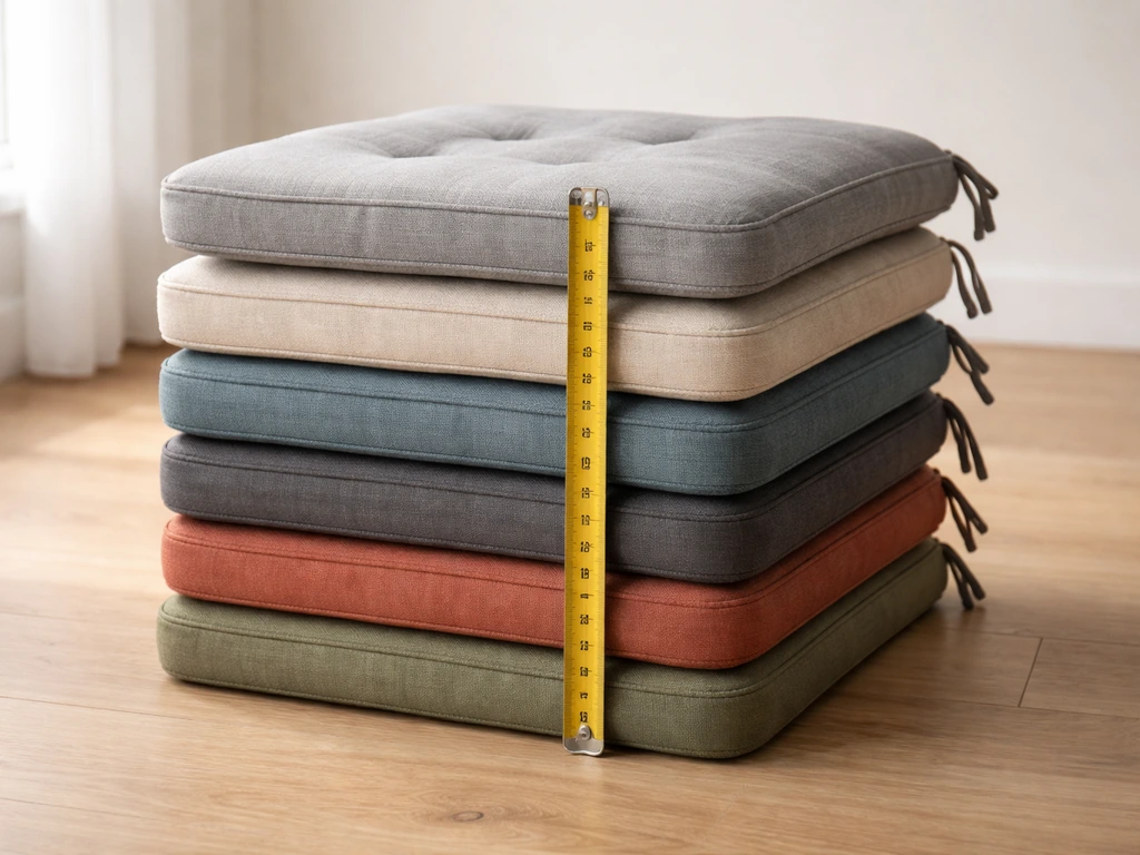 Seat cushions stacked flat on the floor with a measuring tape laid across the pile to show true height.