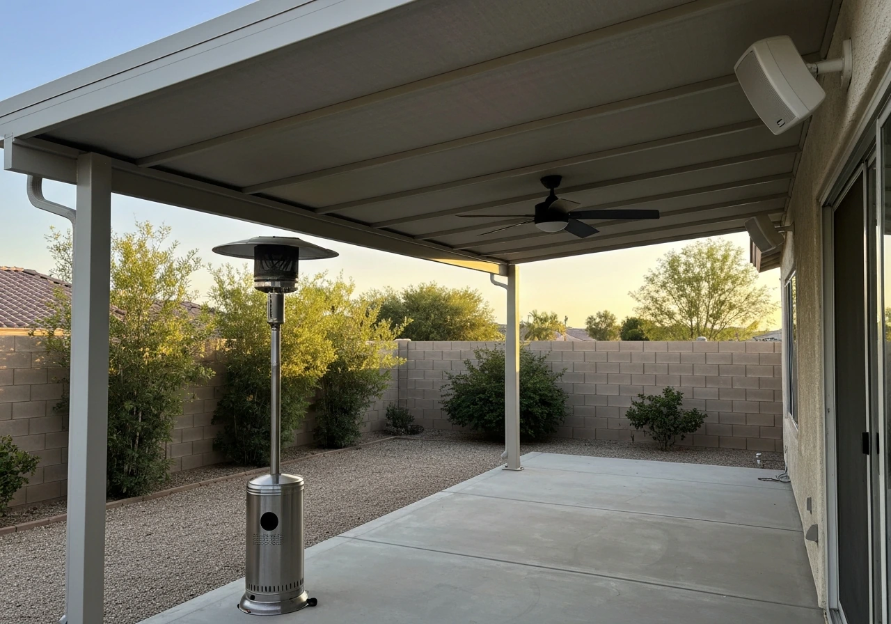 Wide modern patio showing shade structure, ceiling fan, outdoor heater, and mounted audio speakers.
