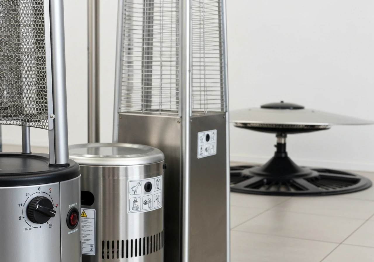 Close-up of patio heater models with visible safety-style markings and labels for fuel type and certification checks