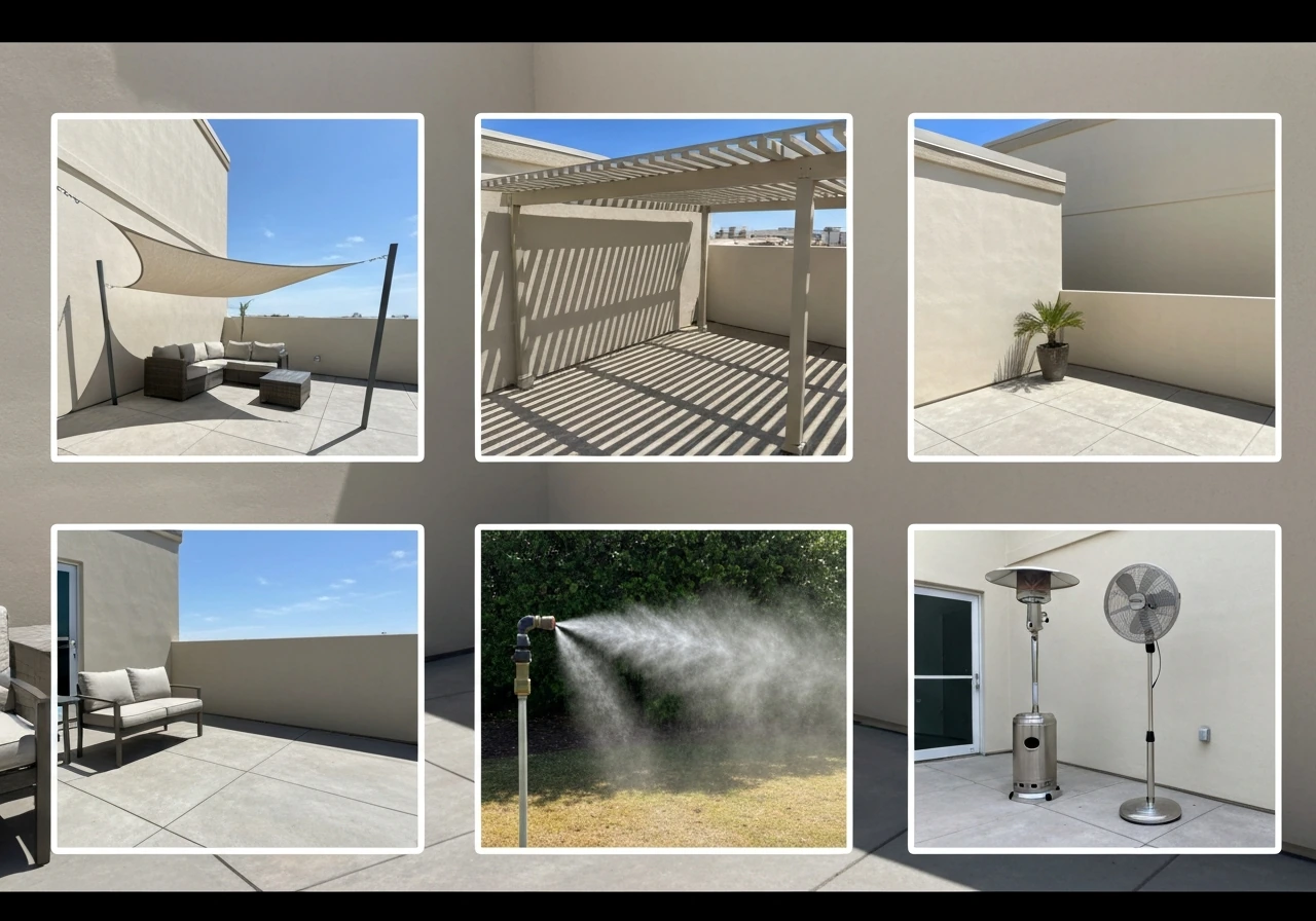 Four minimal patio setups showing shade covers, a pergola, outdoor misting, and a heater/fan