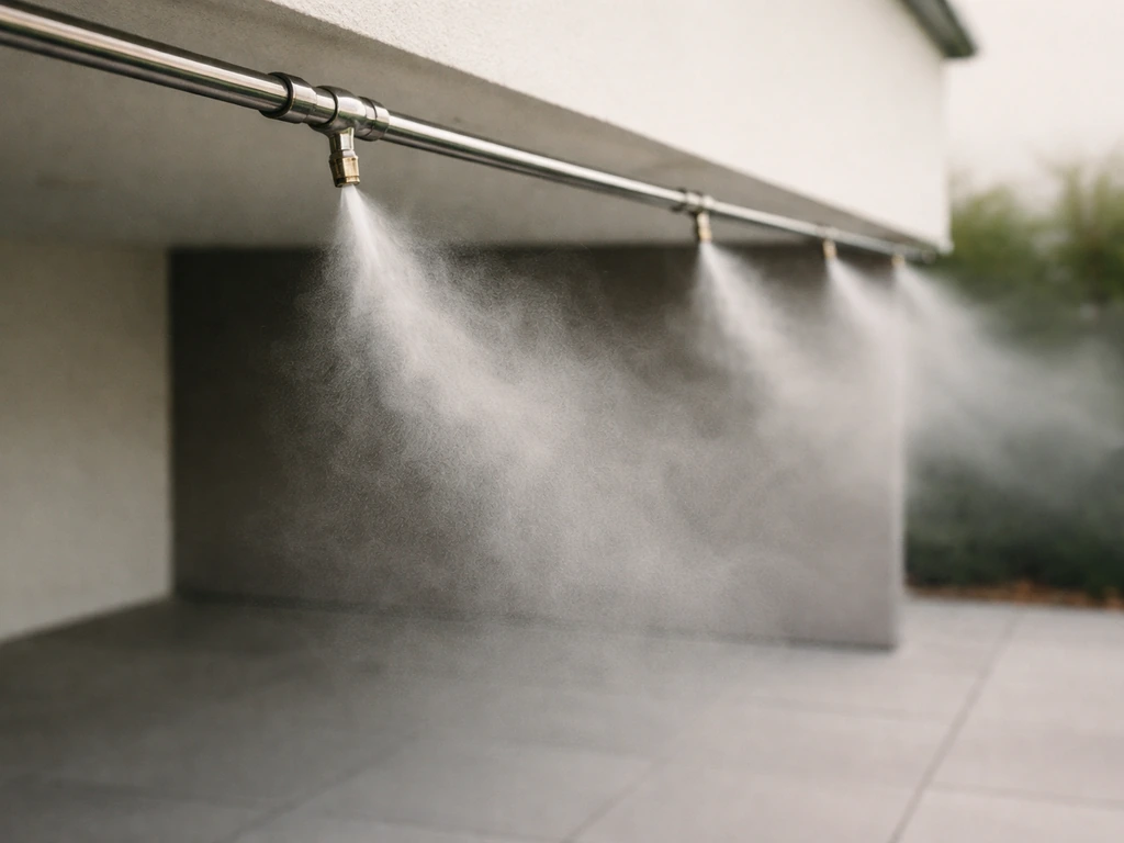 Fine mist flowing from outdoor misting nozzles over a quiet patio, showing a working misting system.