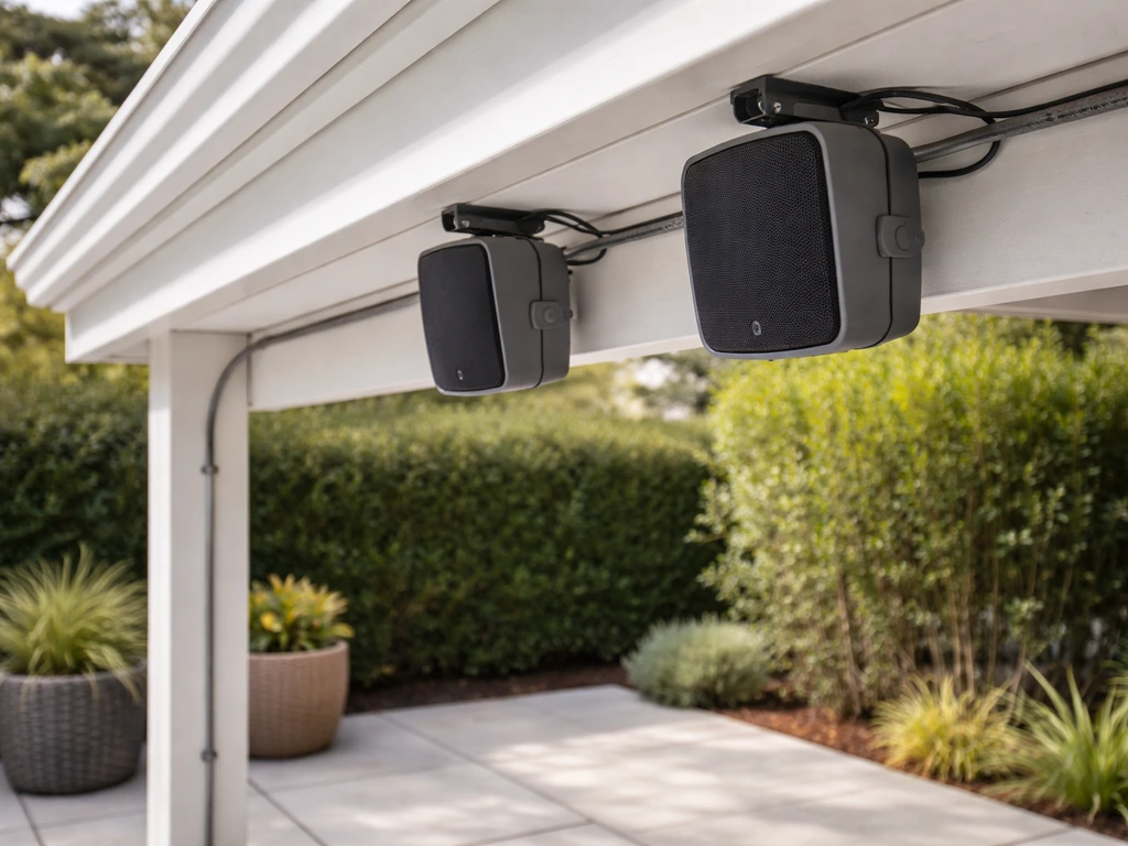 Weather-resistant patio speakers under a shade structure with neatly routed cables visible