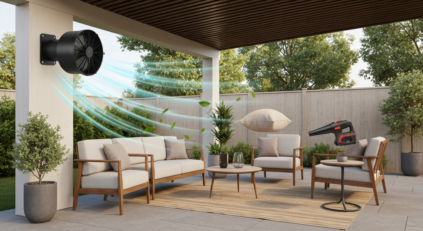 Modern covered patio with a mounted axial blower fan and a handheld battery blower, airflow streamlines shown moving leaves across seating.