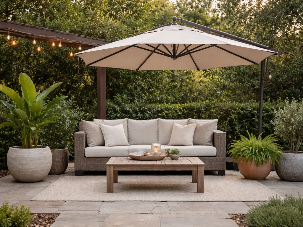 Weatherproof decorated patio with outdoor lighting, planters, shaded seating, and weather-resistant cushions