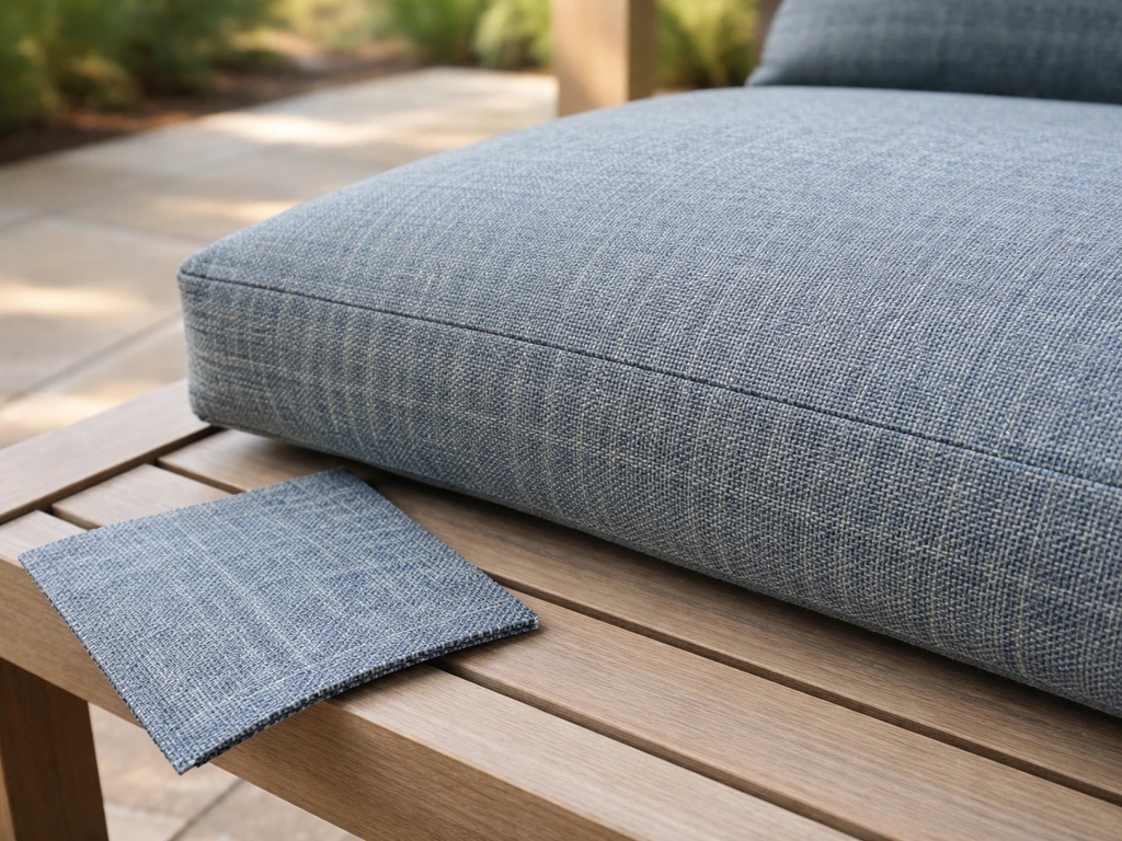 Close-up of outdoor solution-dyed acrylic cushions showing textured, fade-resistant fabric on a patio