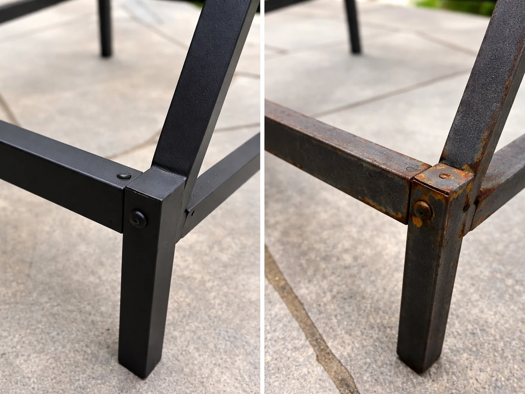 Side-by-side outdoor steel frames showing intact powder-coated finish versus rust and chipping at contact points.